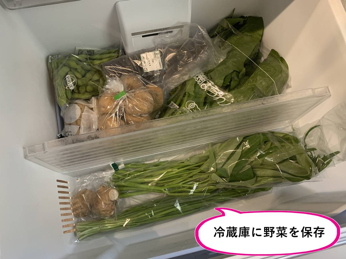 冷蔵庫に野菜を保存している様子